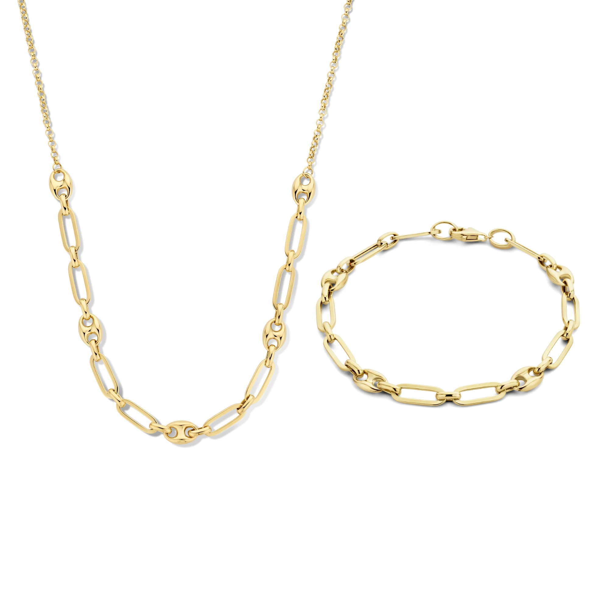Cadeau d'Isabel 14 karat gold necklace and bracelet set with chains