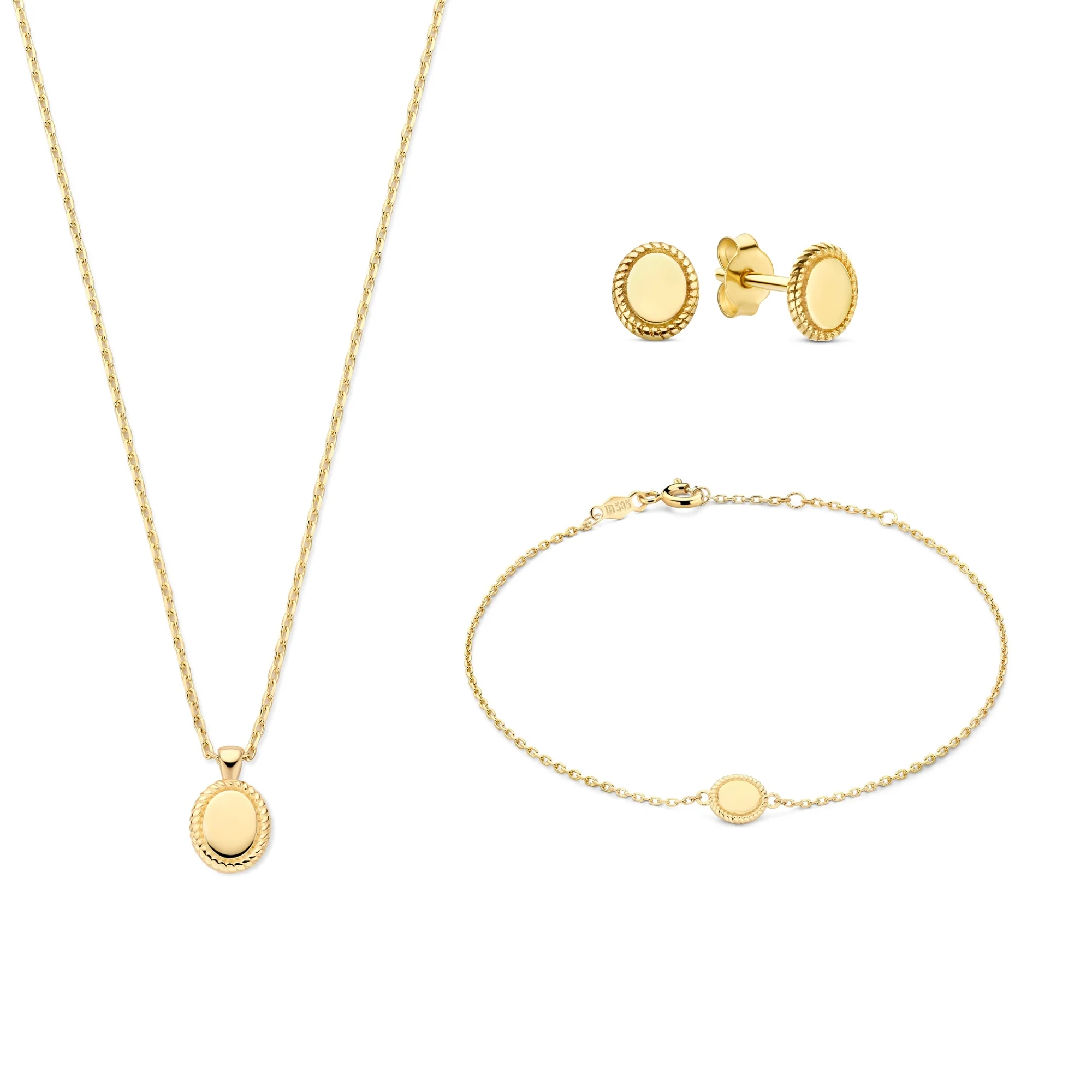 Cadeau d'Isabel 14 karat gold necklace, bracelet and ear studs set