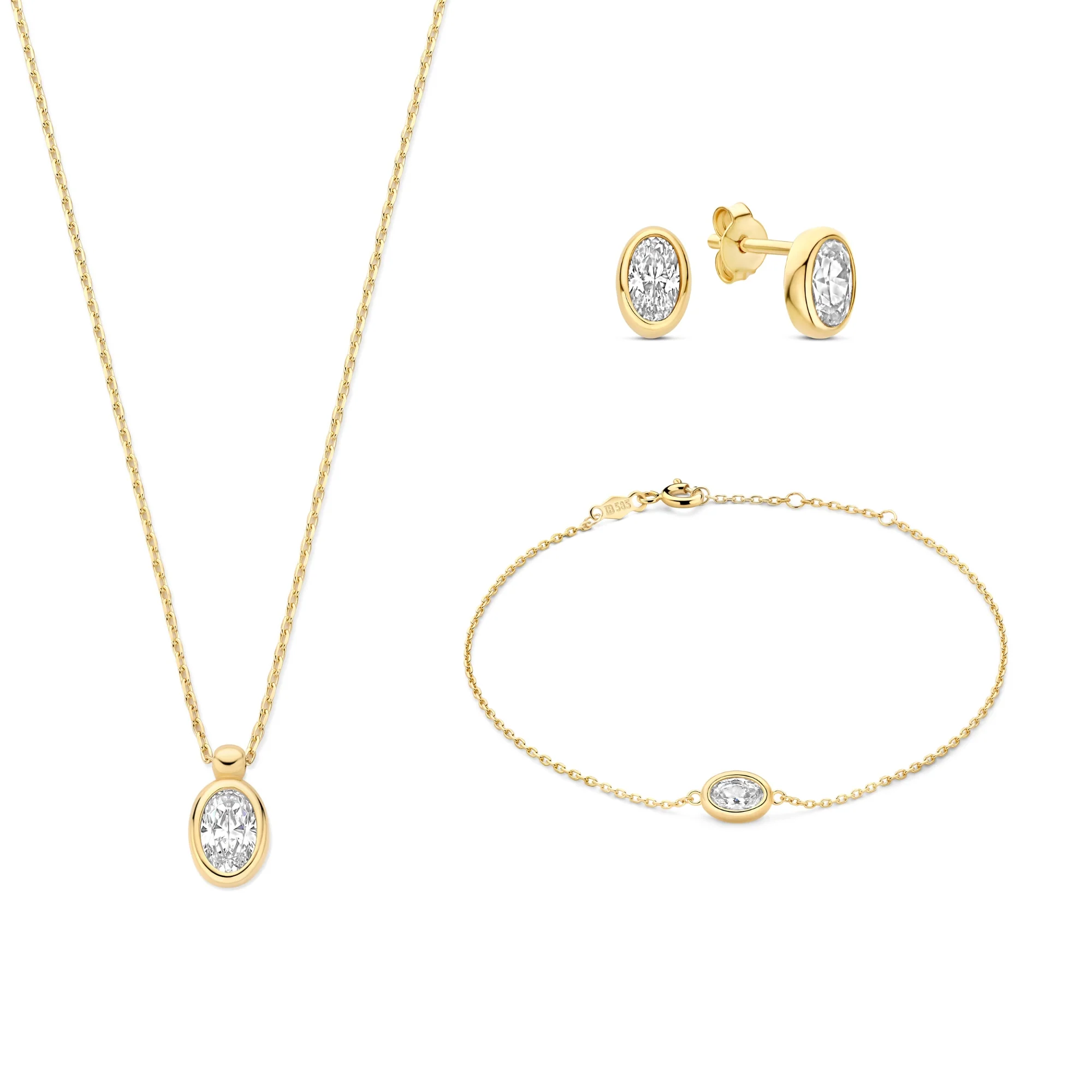 Cadeau d'Isabel 14 karat gold necklace, bracelet and ear studs set with zirconia stones
