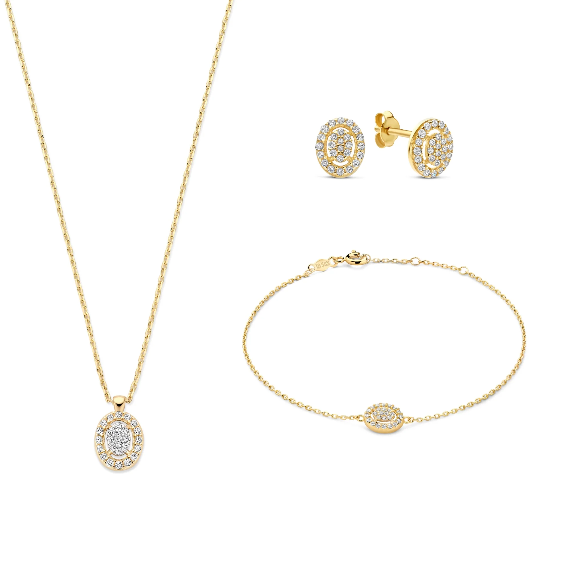 Cadeau d'Isabel 14 karat gold necklace, bracelet and ear studs set with zirconia stones