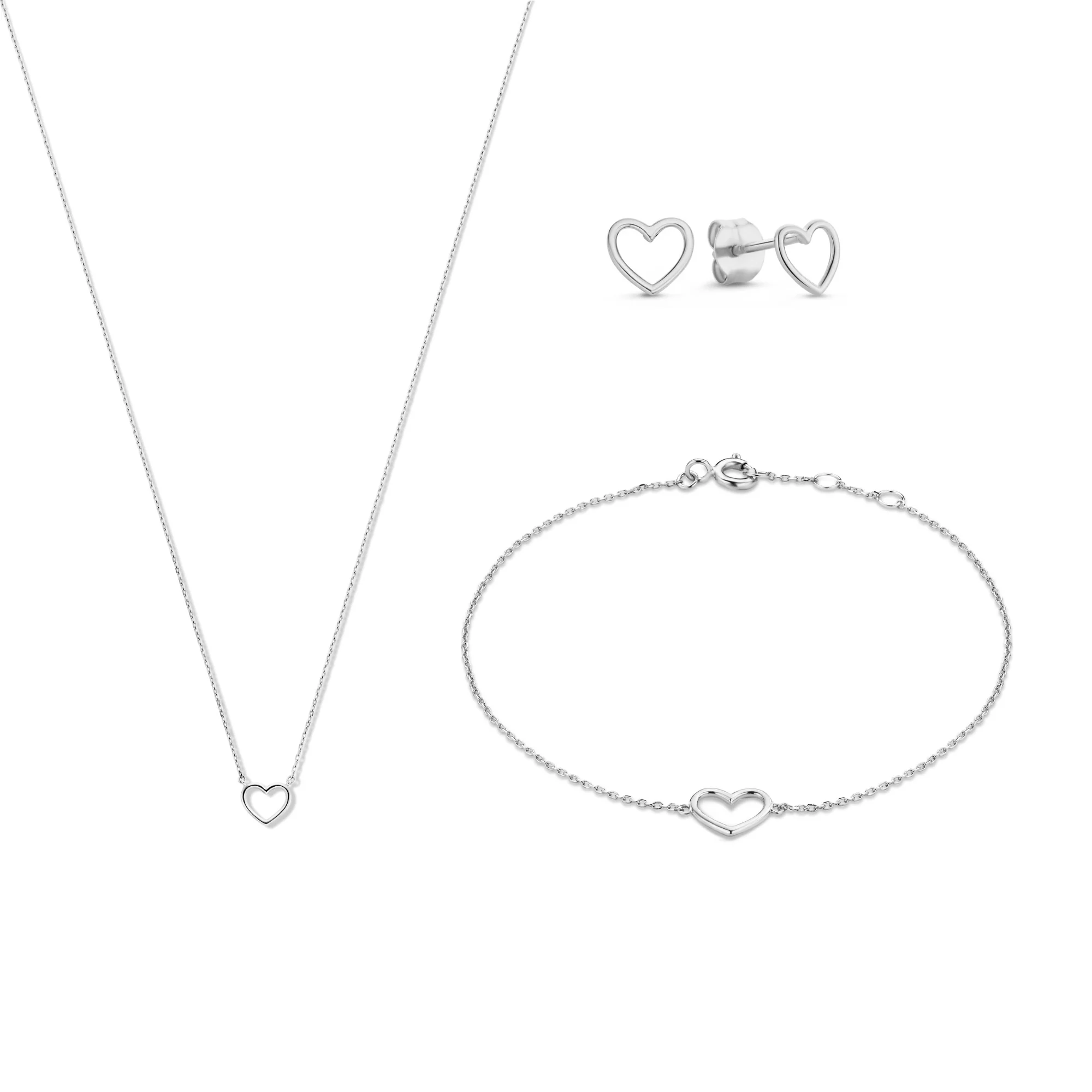 Cadeau d'Isabel 14 karat white gold necklace, bracelet and ear studs set with heart