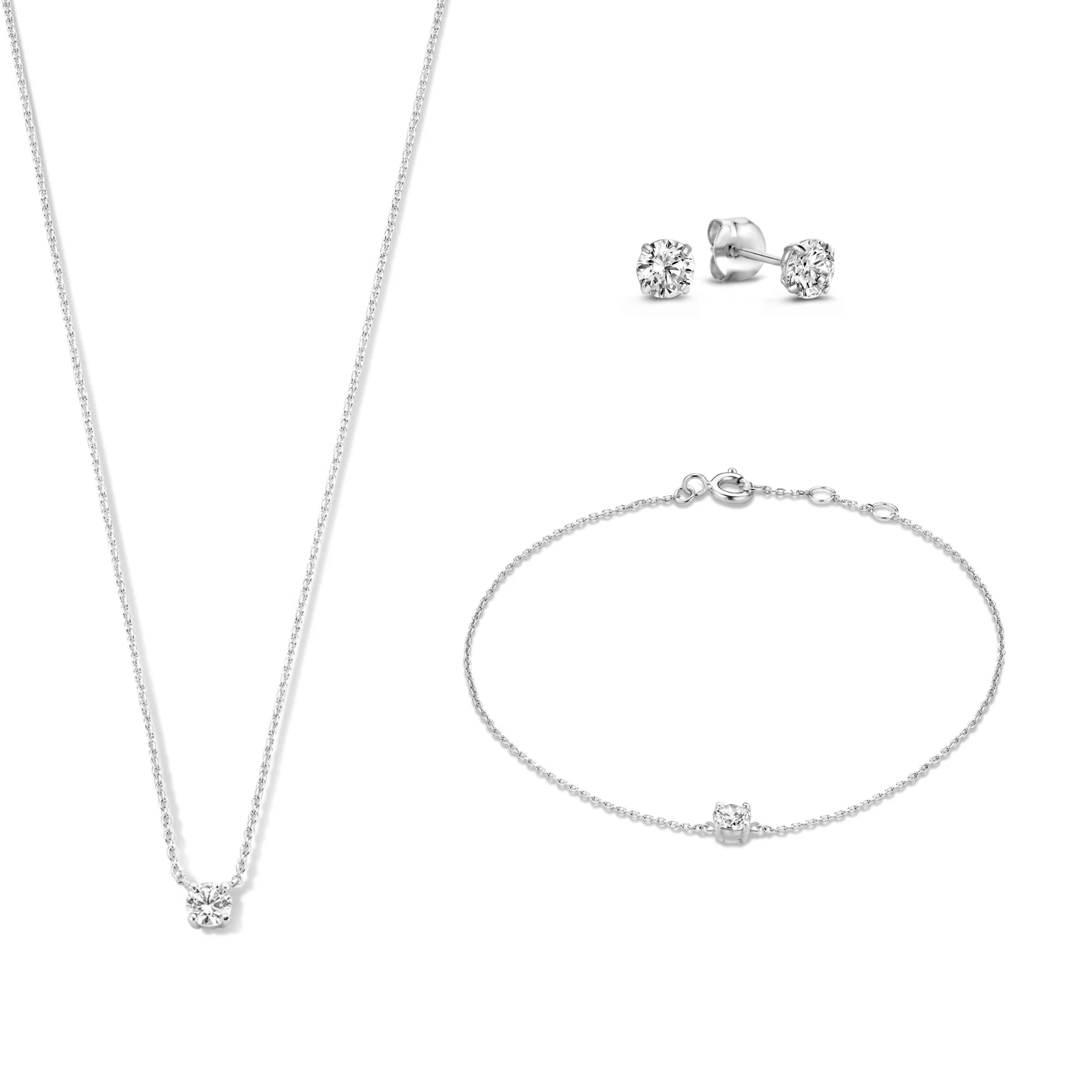 Cadeau d'Isabel 14 karat white gold necklace bracelet and ear studs set with zirconia
