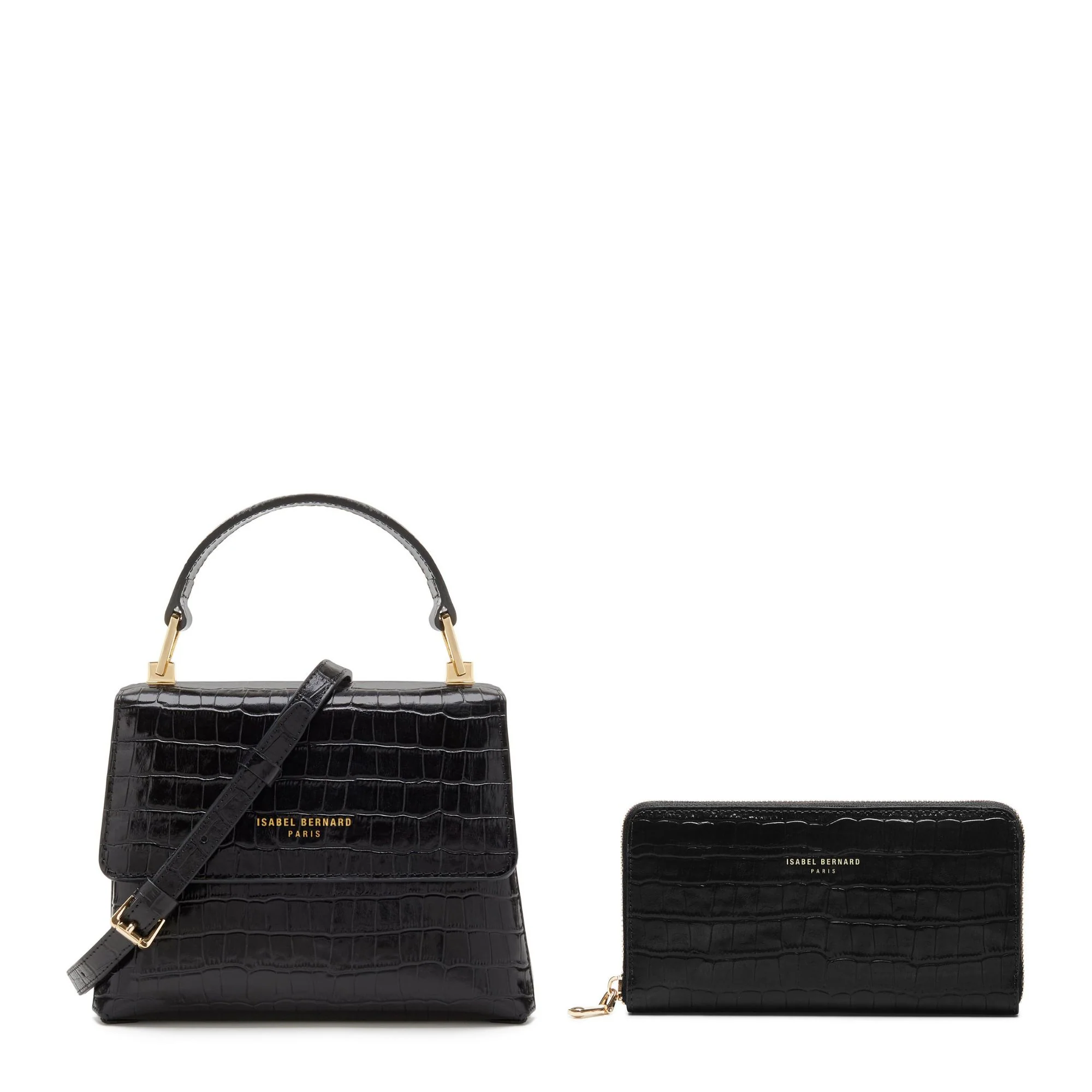Cadeau d'Isabel croco black calfskin leather handbag and wallet set