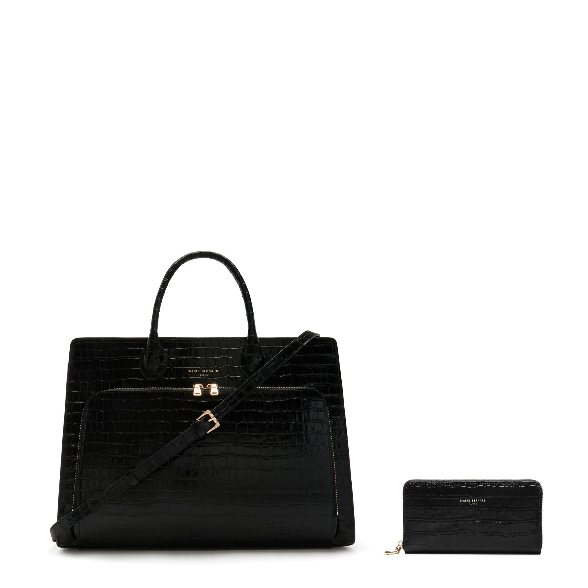 Cadeau d'Isabel croco black calfskin leather handbag and wallet set