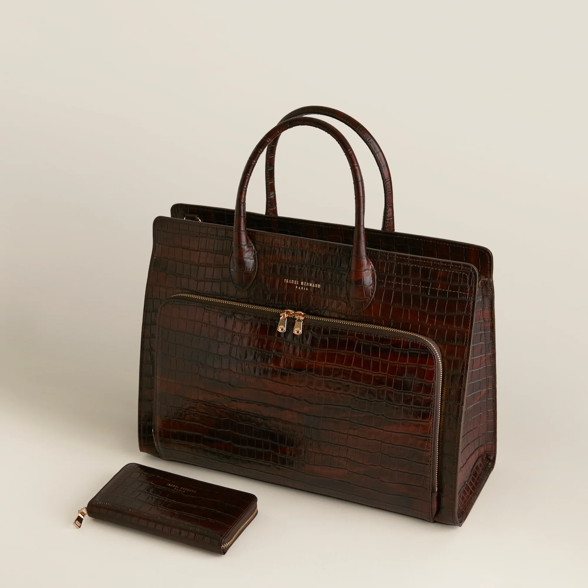 Cadeau d'Isabel croco brown calfskin leather handbag and wallet set - Image 2